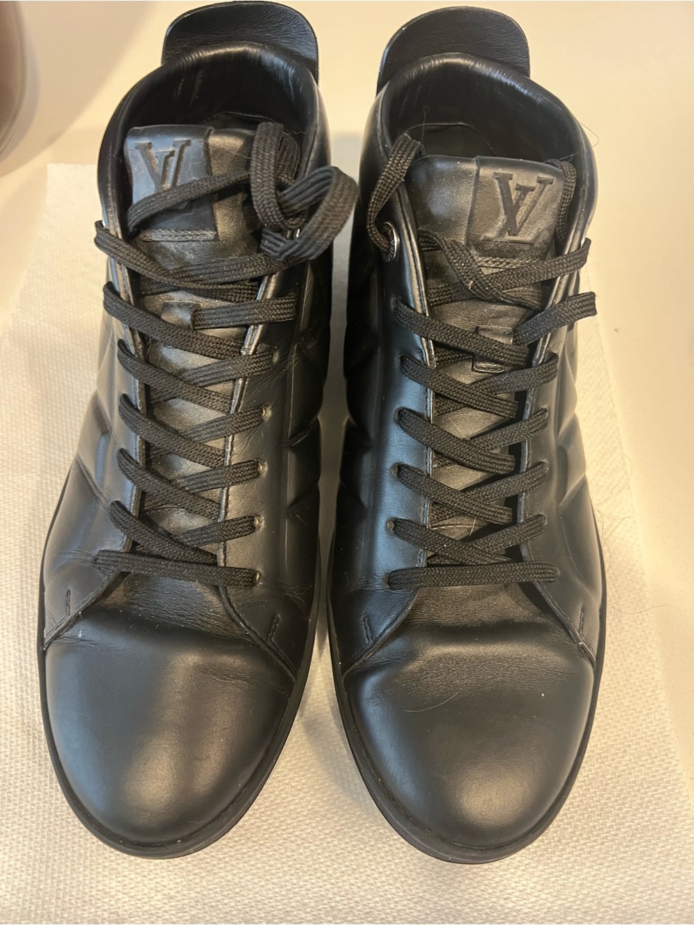 Louis Vuitton Black Leather High-Top Sneakers with LV Patch
